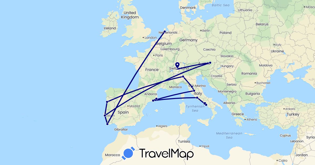 TravelMap itinerary: driving in Austria, Switzerland, Spain, Italy, Netherlands, Portugal (Europe)